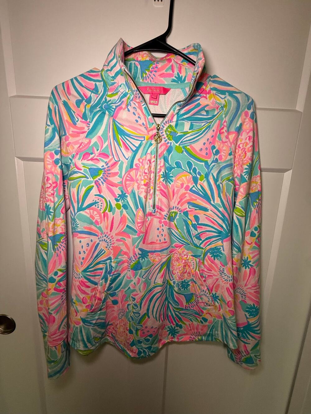 Lilly Pulitzer Skipper Popover XS Pink Blue Tropical Fruit Floral Half Zip
